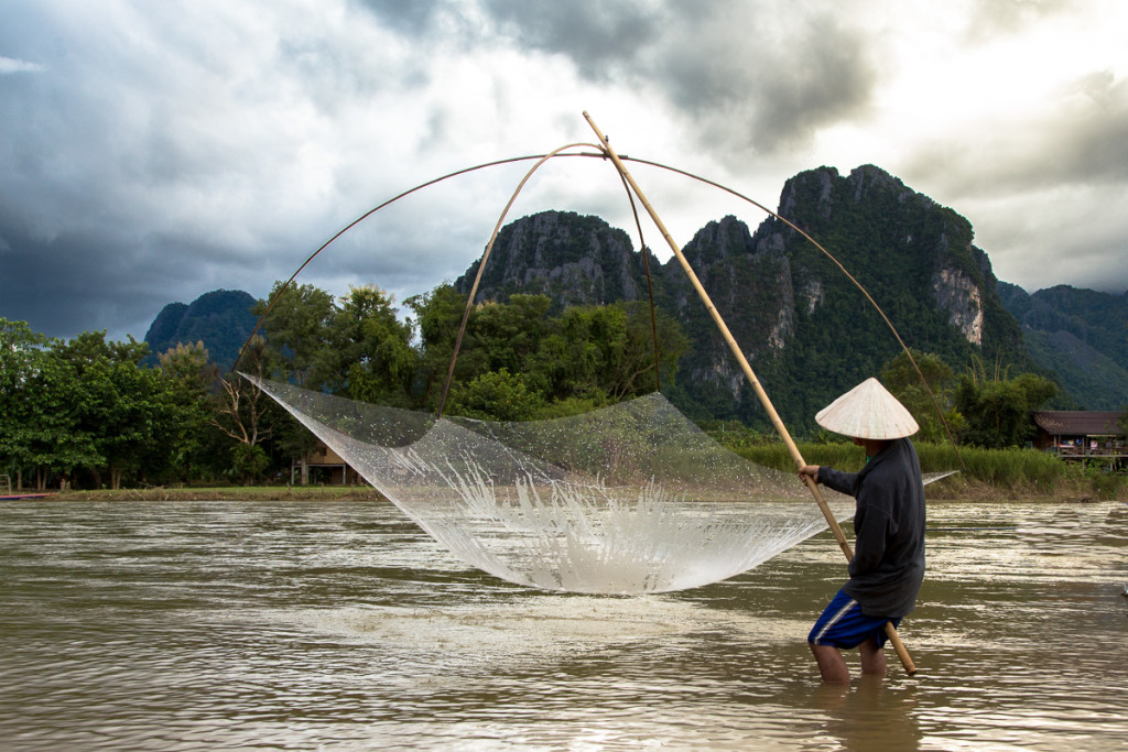 Traditional Net Pole Fisherman in Viang Veng, Laos