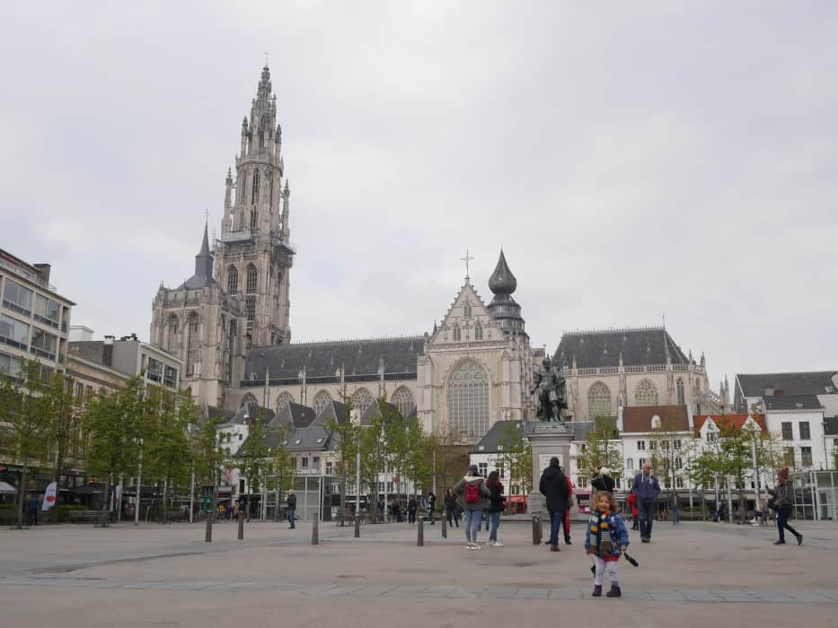 Antwerp Groenplaats one of the city's most famous squares with Antwerp's cathedral in the back