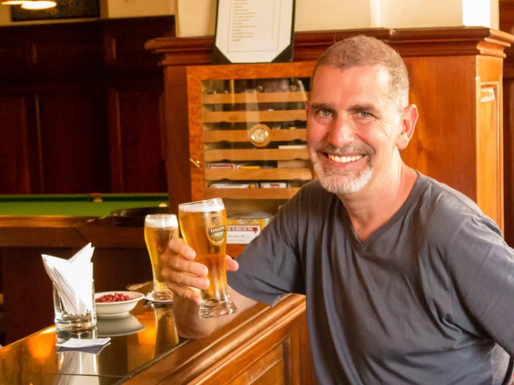 Jonathan Having a Beer at the Famous Strand Hotel in Yangon