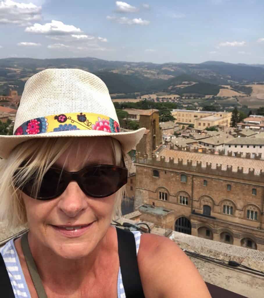 On top of the Torre del Moro on my day trip from Rome by train