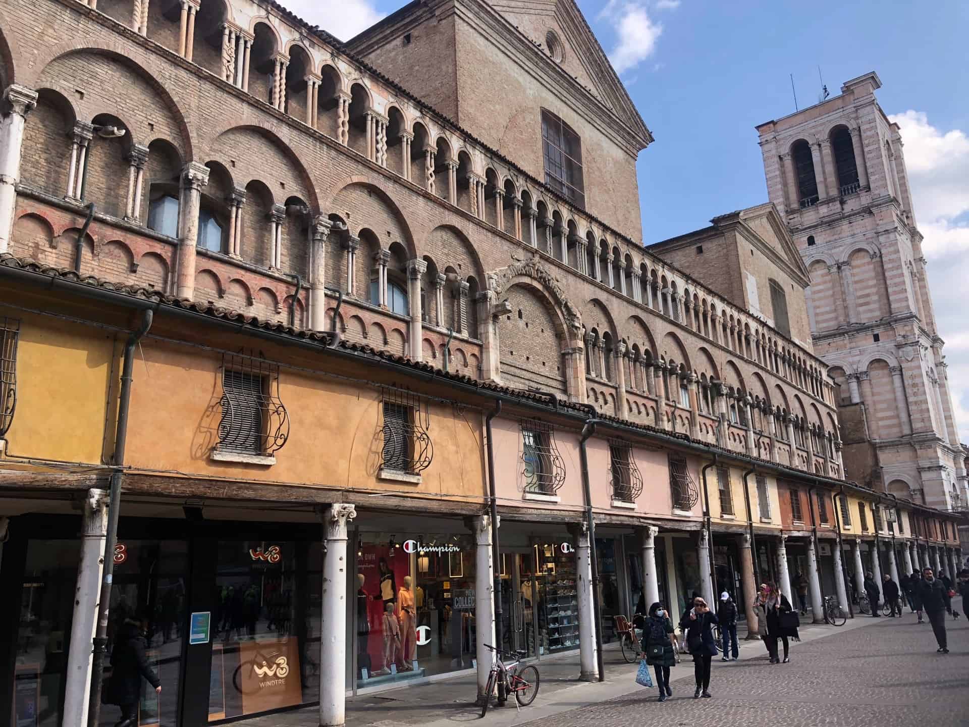 Ancient shop fronts in the Piazza Trento e Trieste Ferrara