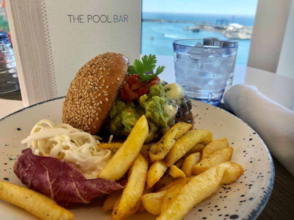 burger and chips in the Pool Bar on a Viking Ocean Cruise from Barcelona to Rome

