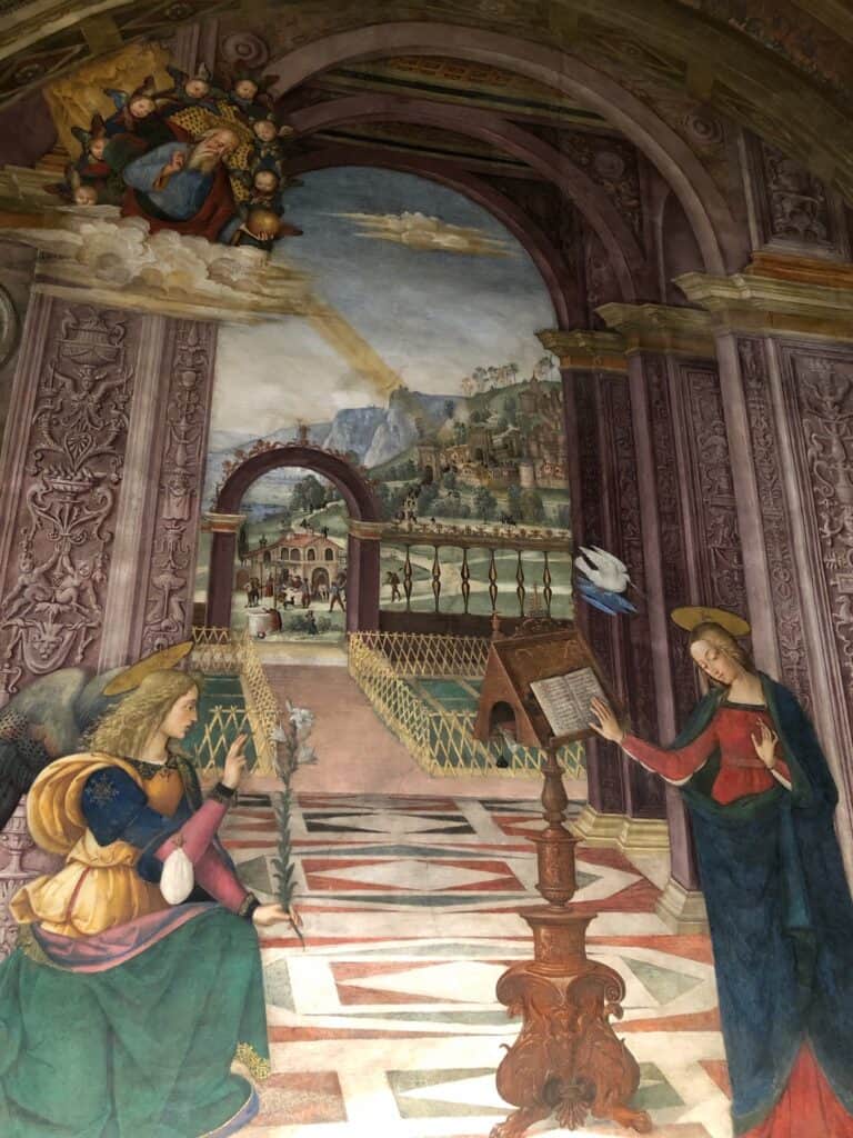 Painting of the Annunciation by Pinturicchio. Located in the Baglioni Chapel in Spello Italy 