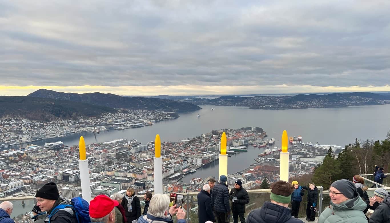 Giant Advent Candles at the top of Mount Fløyen with views over Bergen