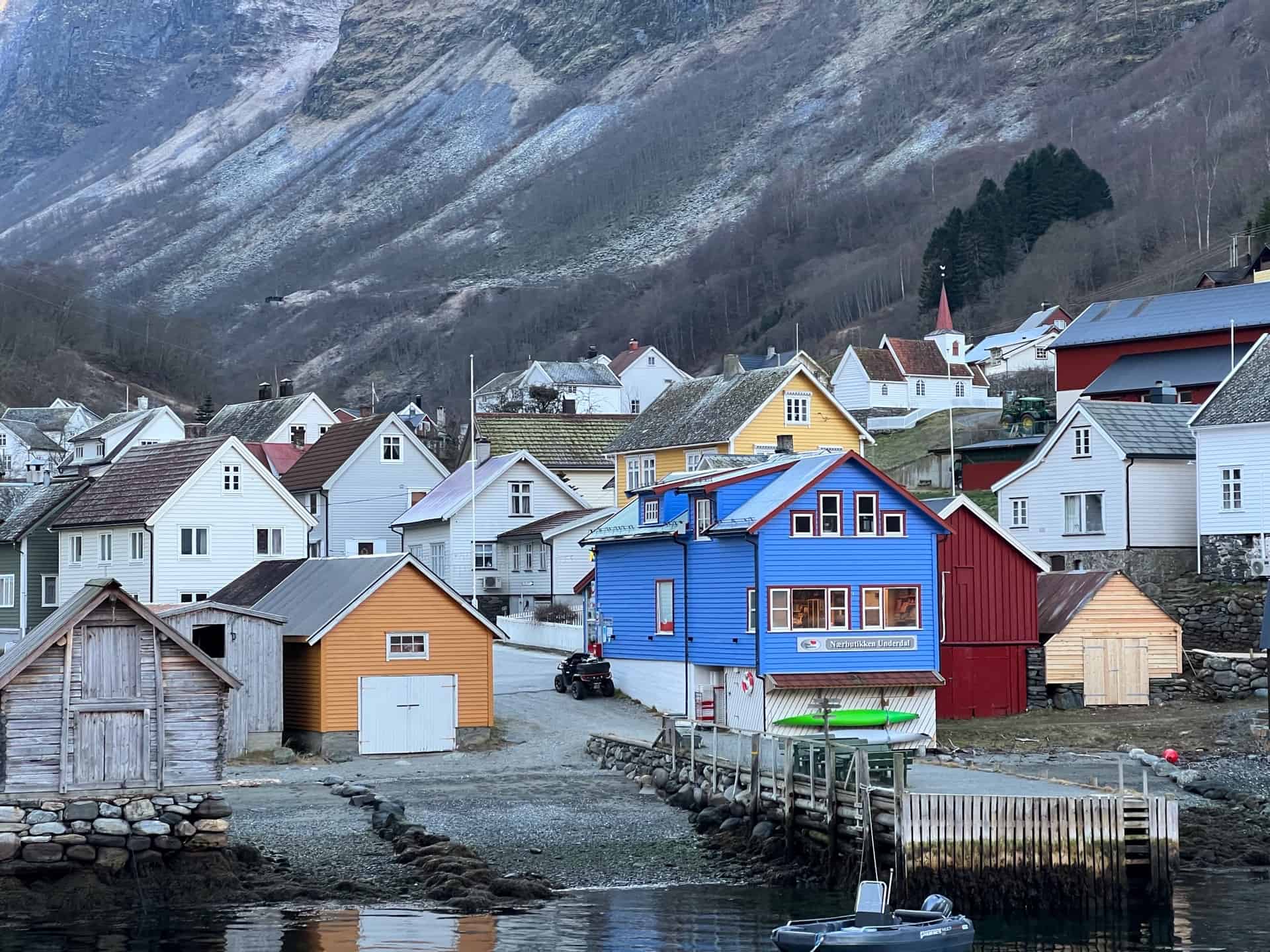 Colorful wooden houses by the fjord as seen from the Fjord cruise