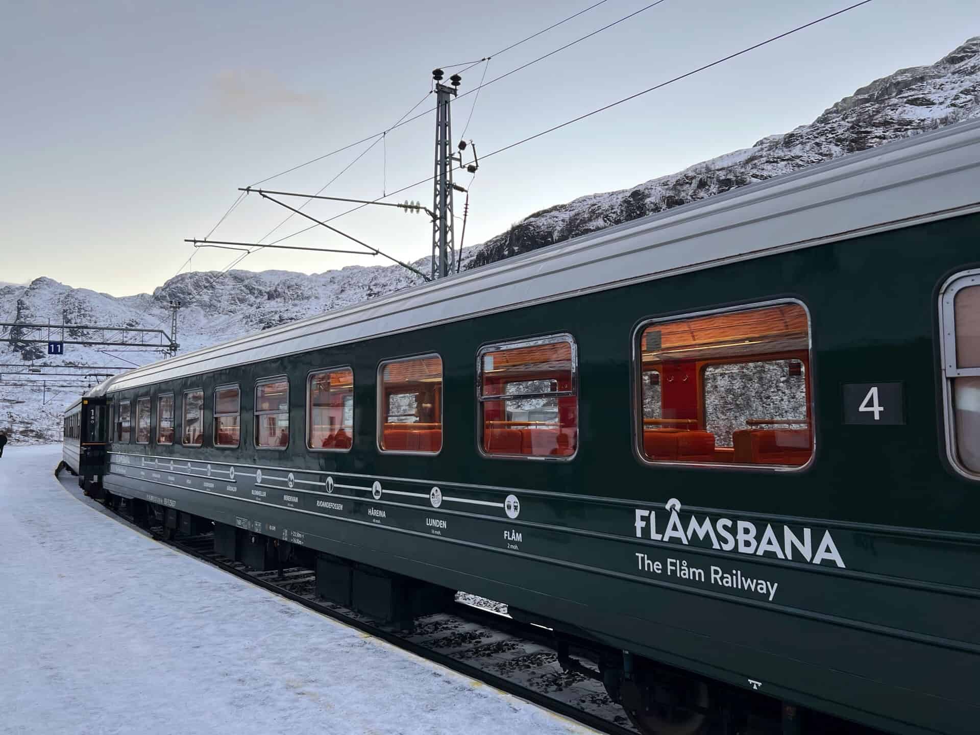 The Flam Railway Train at a snowy platform
