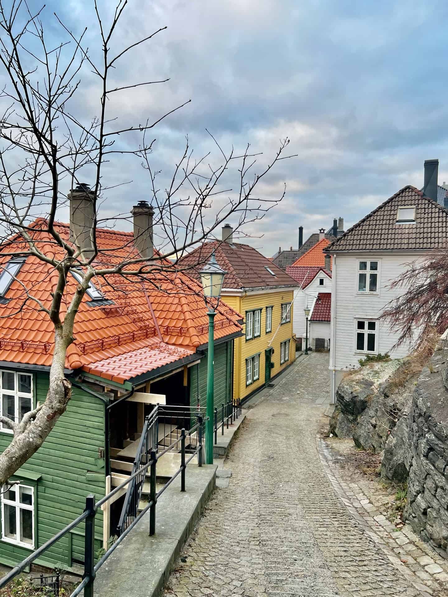 Green and yellow wooden houses on the road down from Mount Fløyen to Bergen city centre