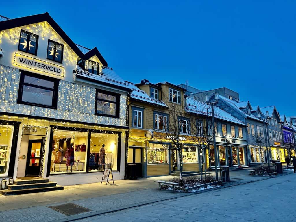 The main street of Tromso. Shops with bright lights - not ideal for spotting the Northern lights
