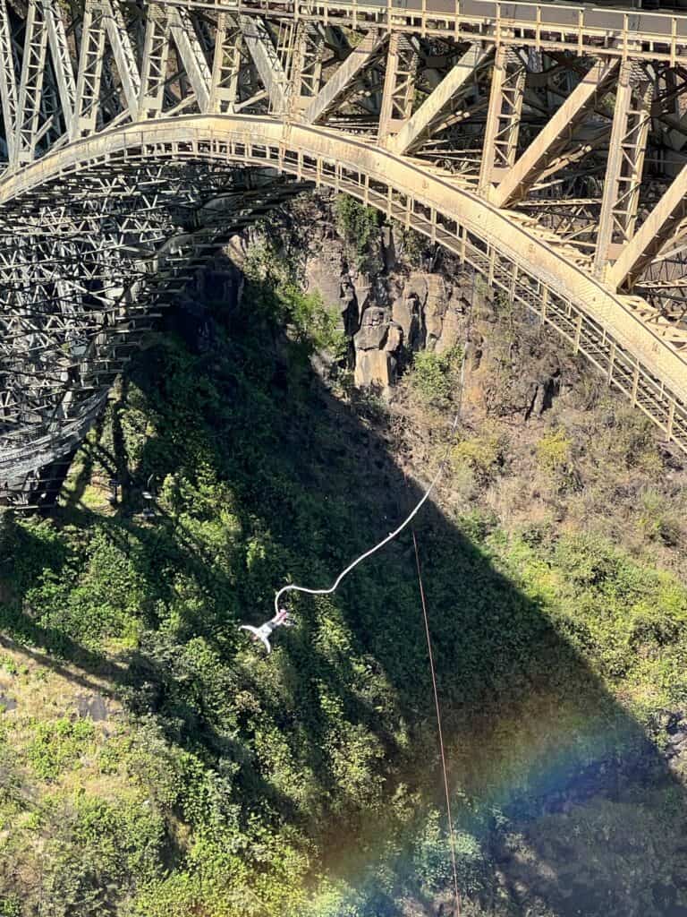 A bungee jumper off the old bridge at Victoria Falls 