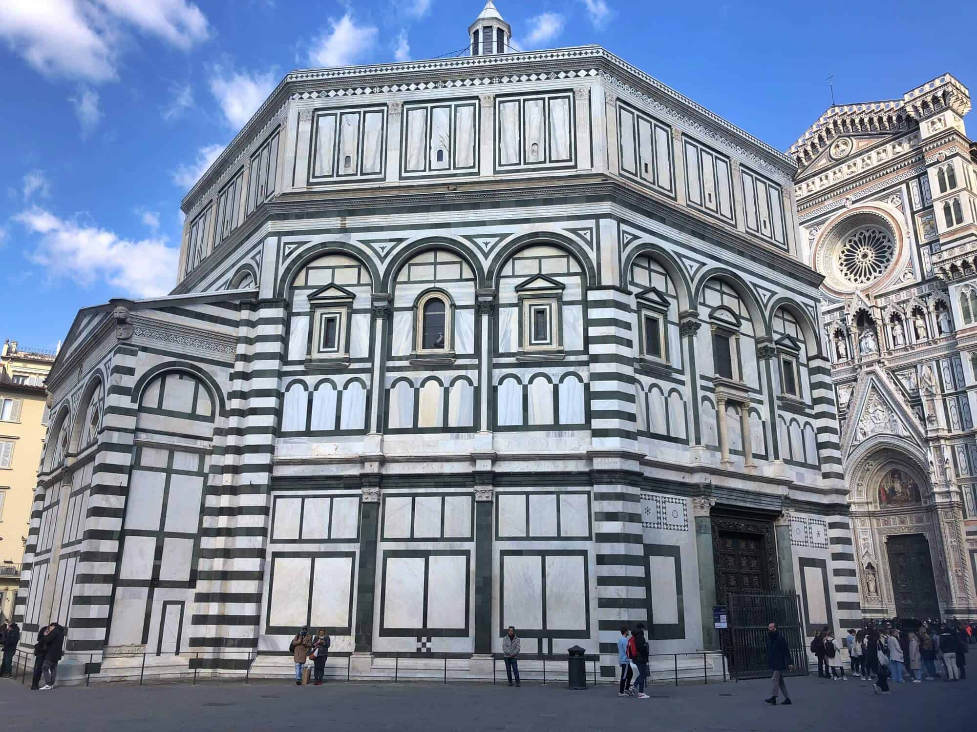 the black and white exterior of the Baptistery of San Giovanni in Florence 