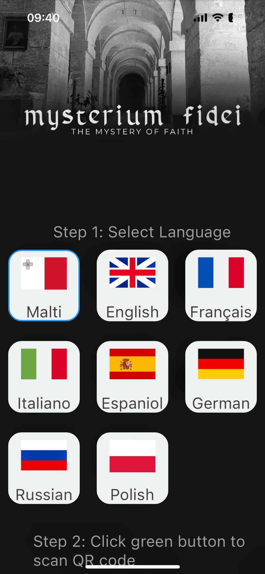 Photo of the app for Mysterium Fidei showing the different languages offered 