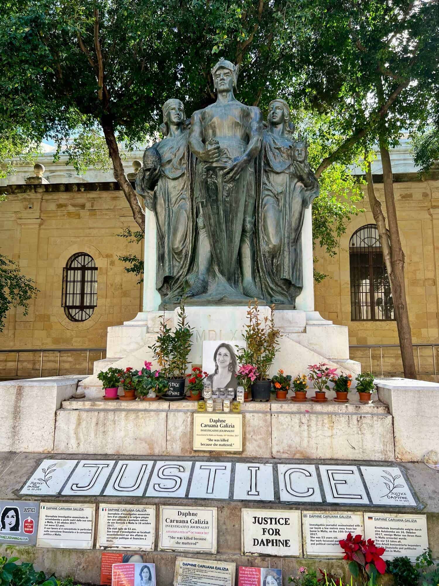 A make shift memorial to the journalist Daphne who was killed by a car bomb as she investigated political corruption in Malta. 