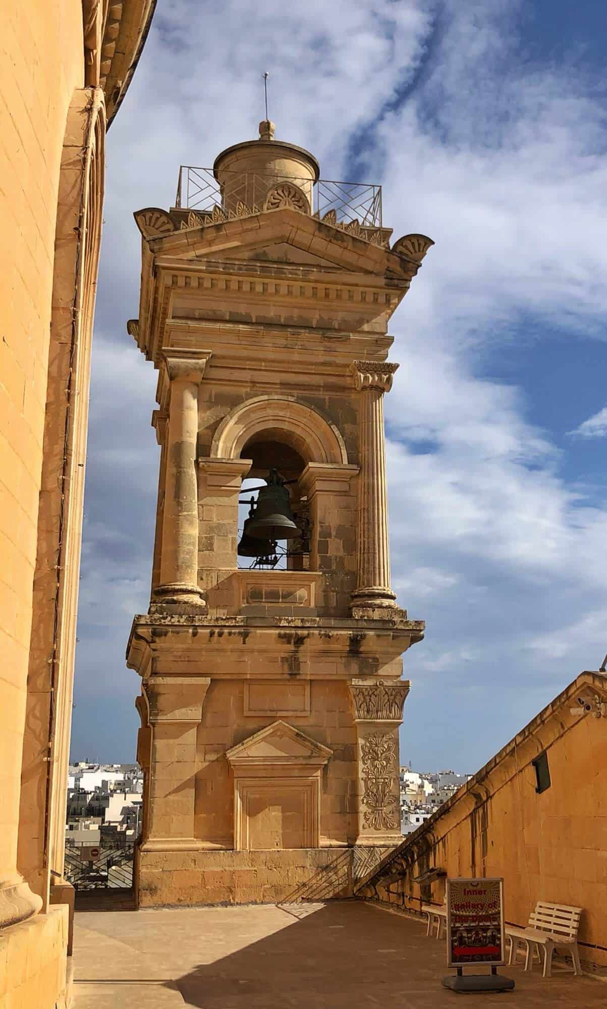 The bell tower from the rooftop of the Mosta Church 