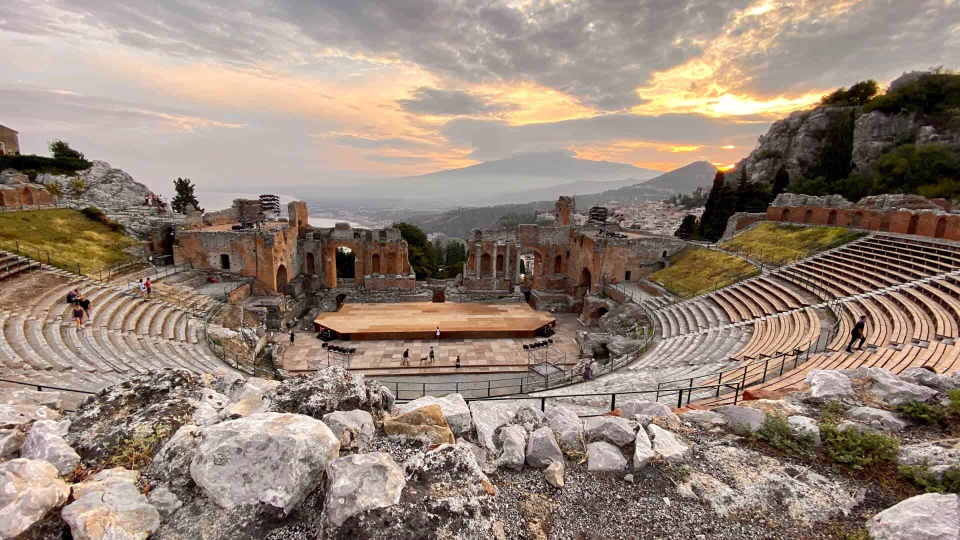 Greek theatre in Taormina at sunset 