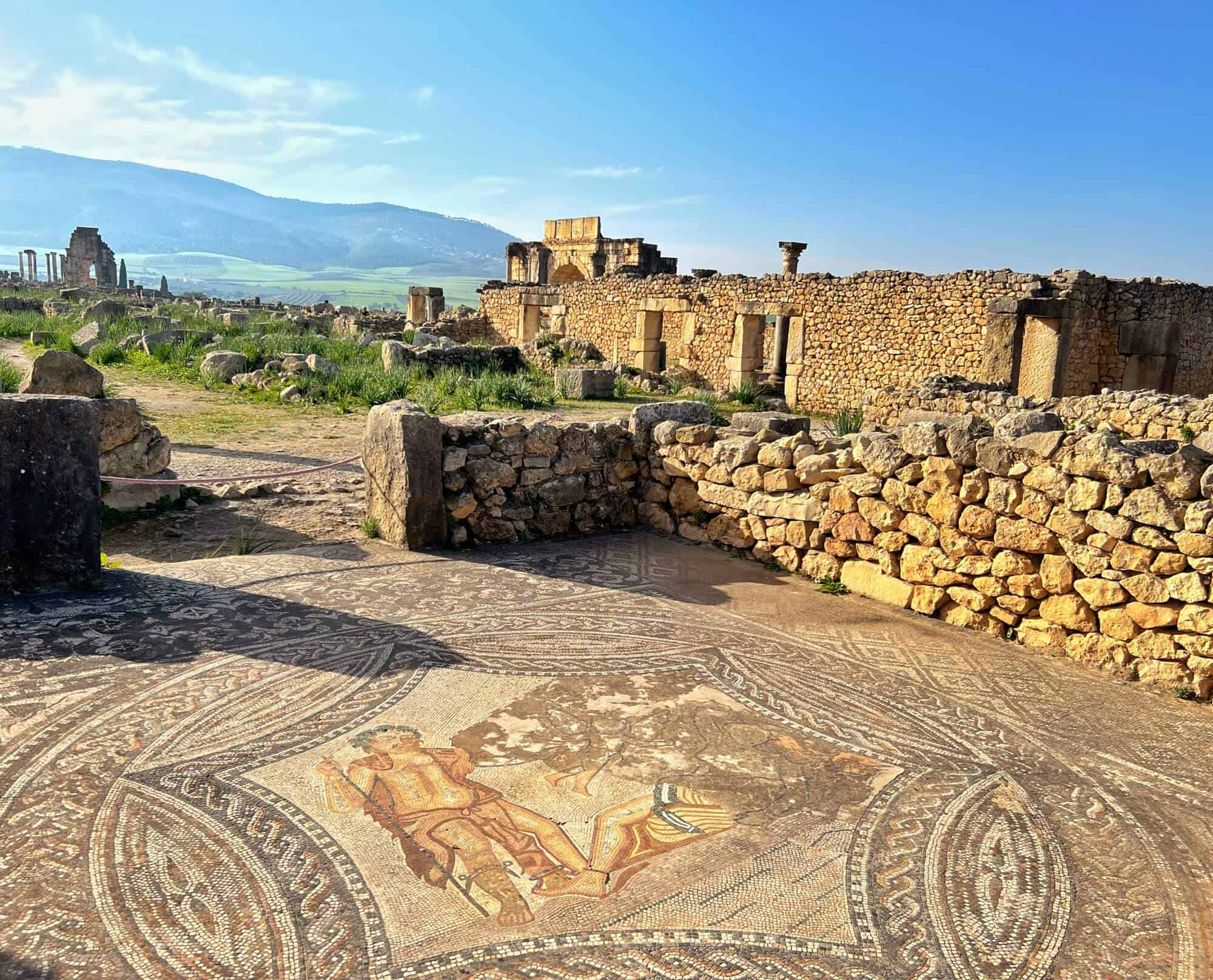 Roman mosaic of Bacchus surrounded by stone walls 