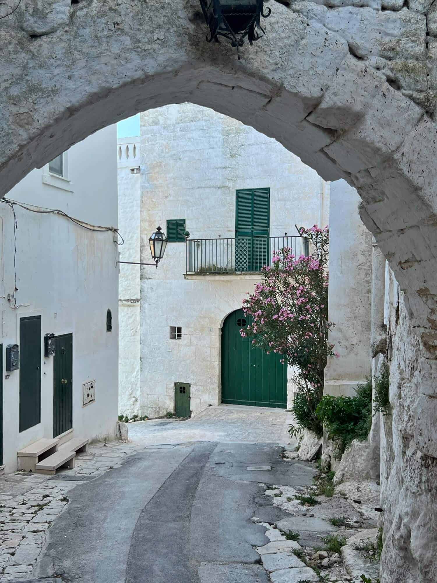 White House with green doors, pink flowers behind an old archway 