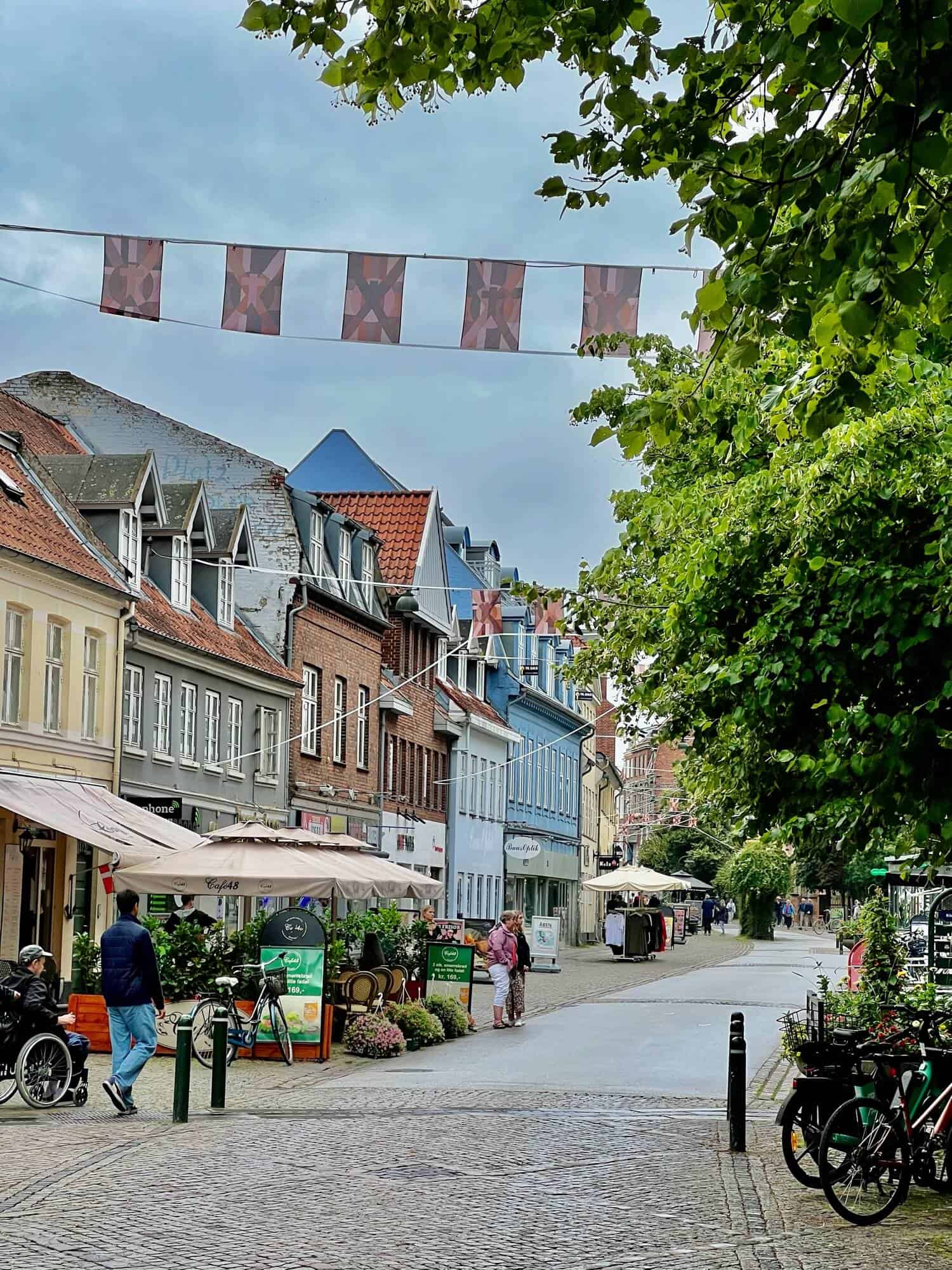 Colourful houses in Roskilde town centre - pedestrian path