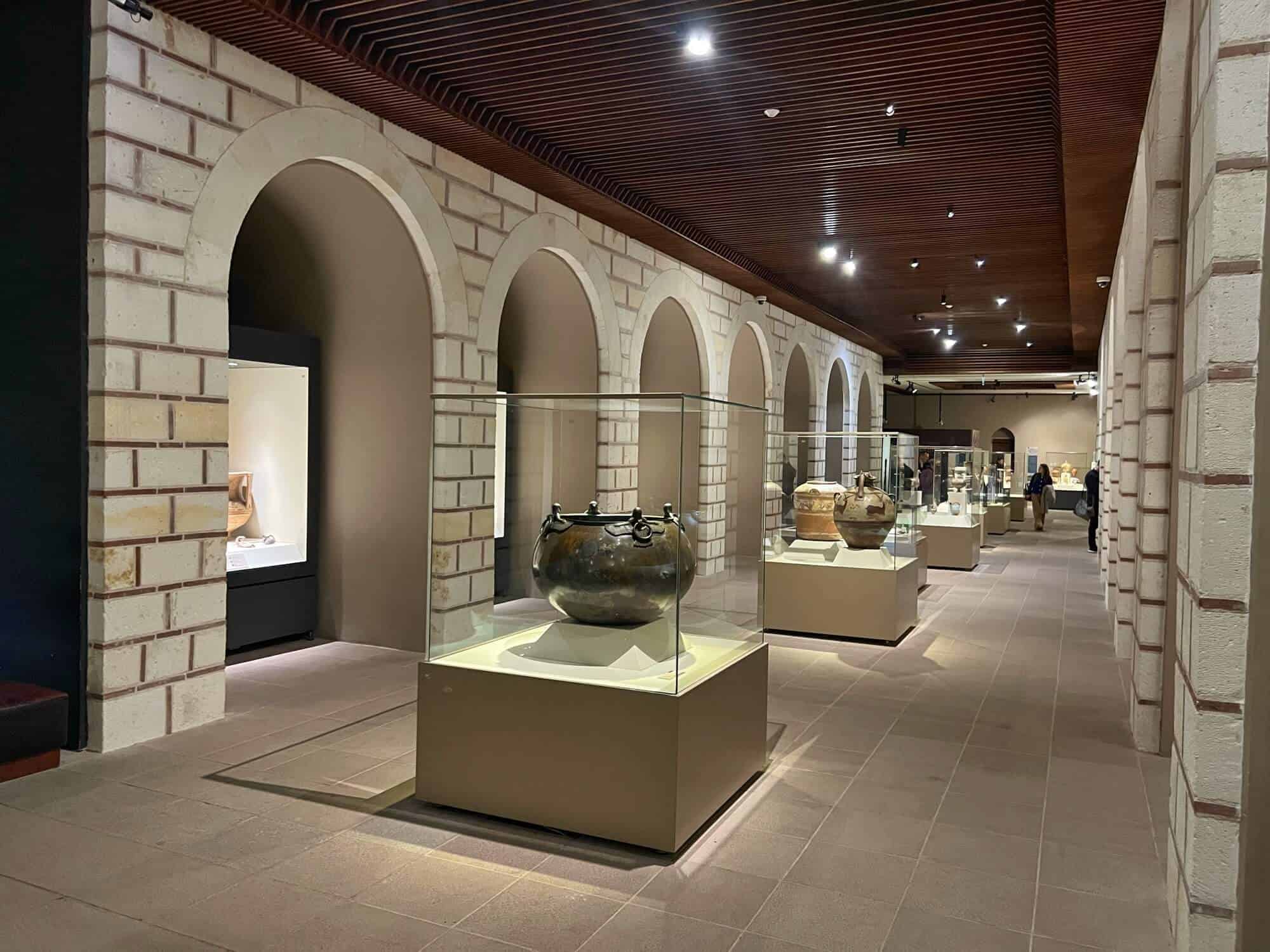 Ancient pots in glass cases at the Museum of Anatolian Civilisations 