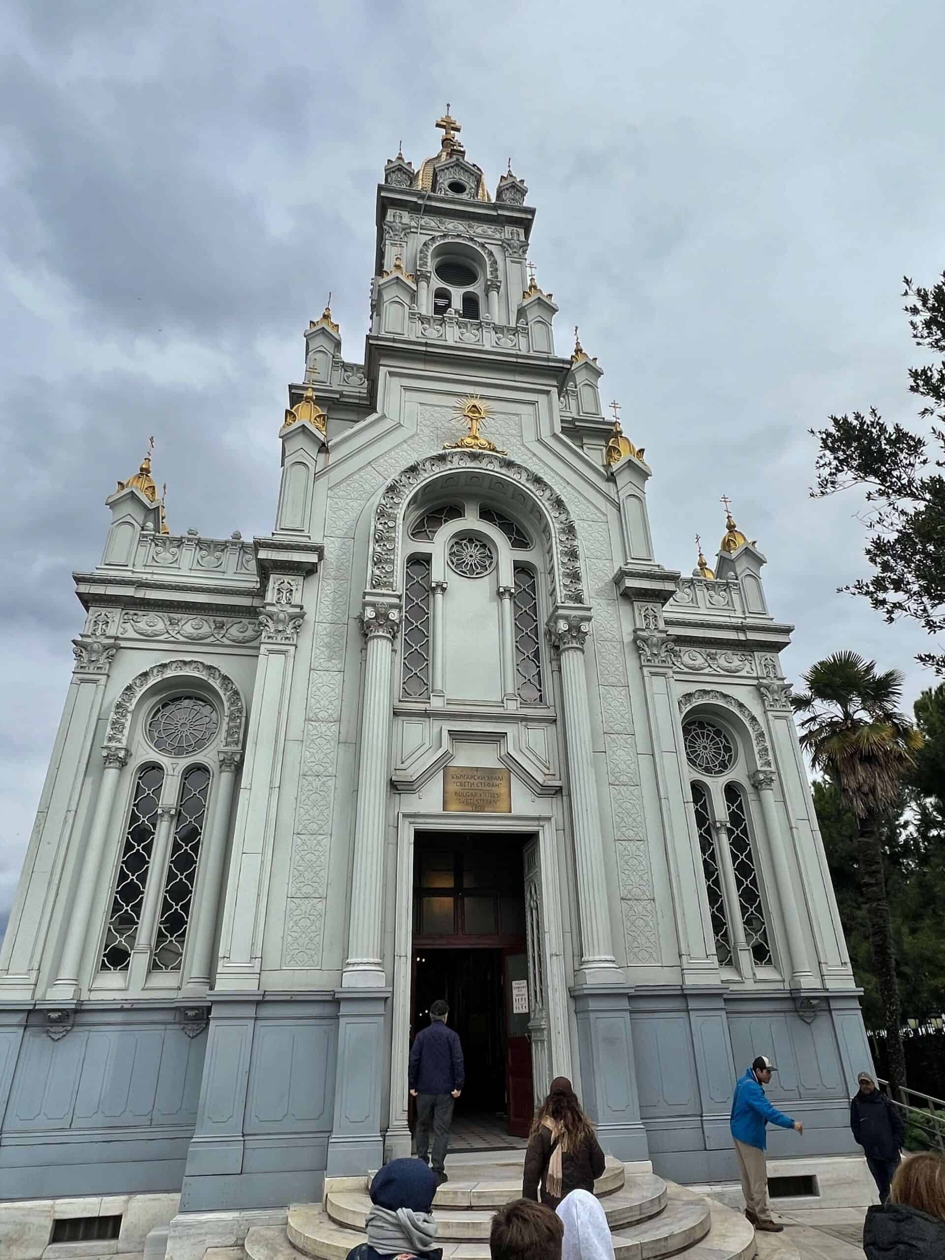 The outside of Iron Church (St. Stephen's Bulgarian Orthodox Church) beneath a grey sky 