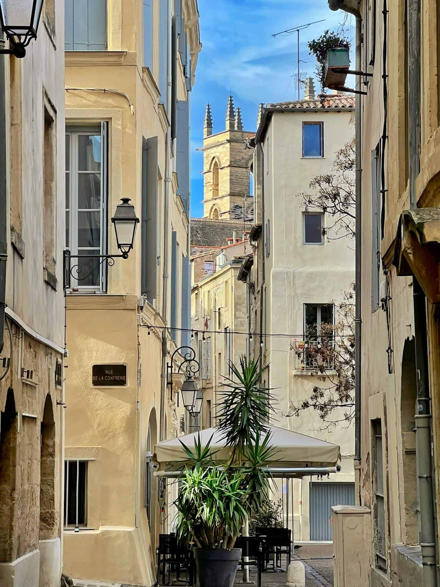 Narrow streets of Montpellier with a view to the cathedral