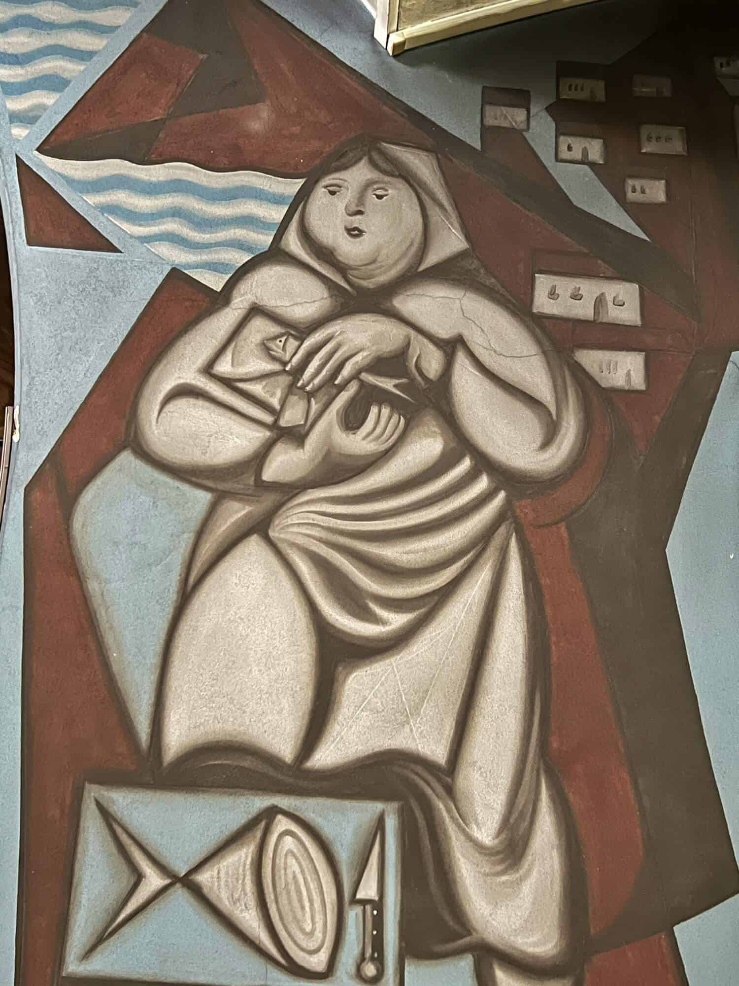 a painting of a lady carrying a fish 