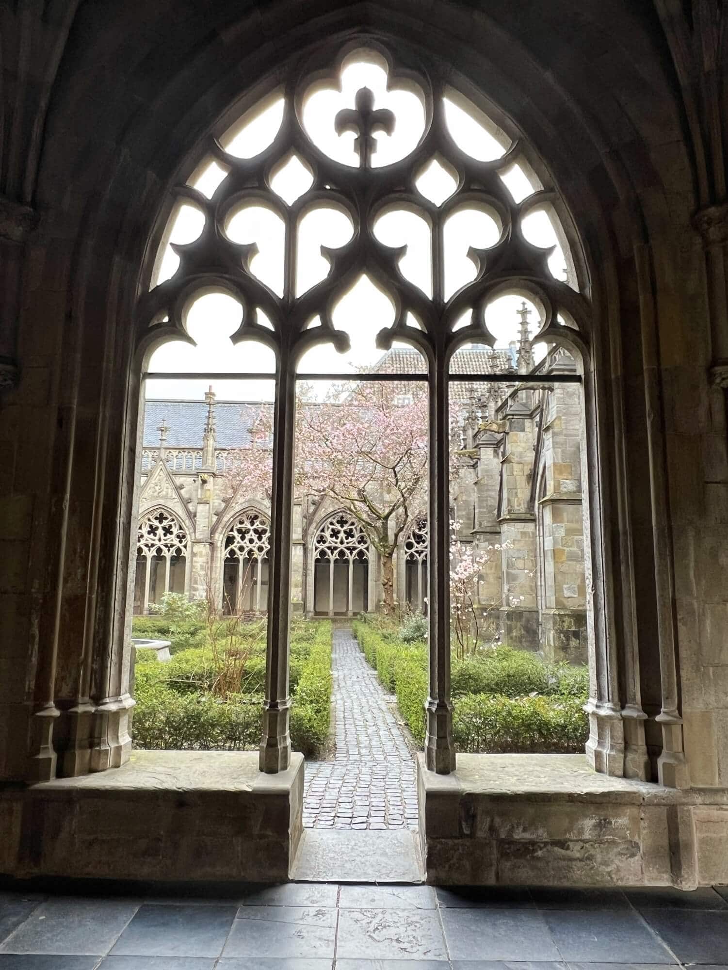 The church gardens through an archway