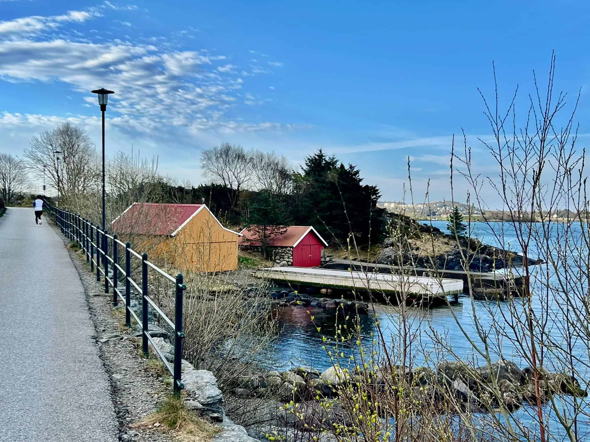 Colourful boathouses on a fjord