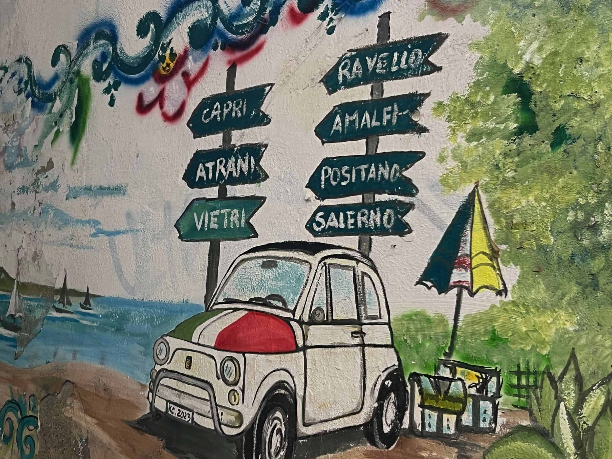 Drawing of Italian car with signs to towns on the Amalfi Coast
