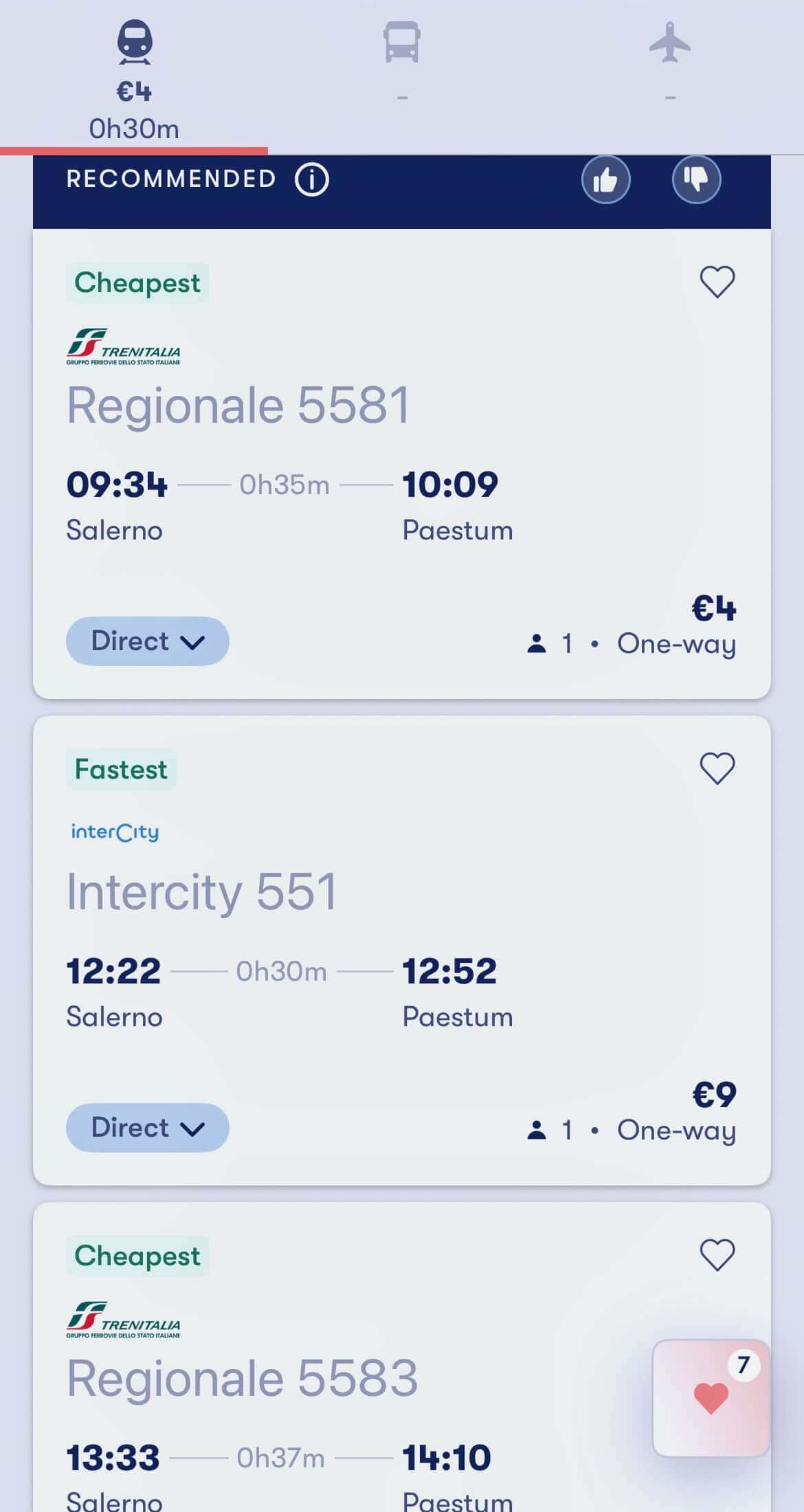 Screen shot of train times from Salerno to Paestum. 