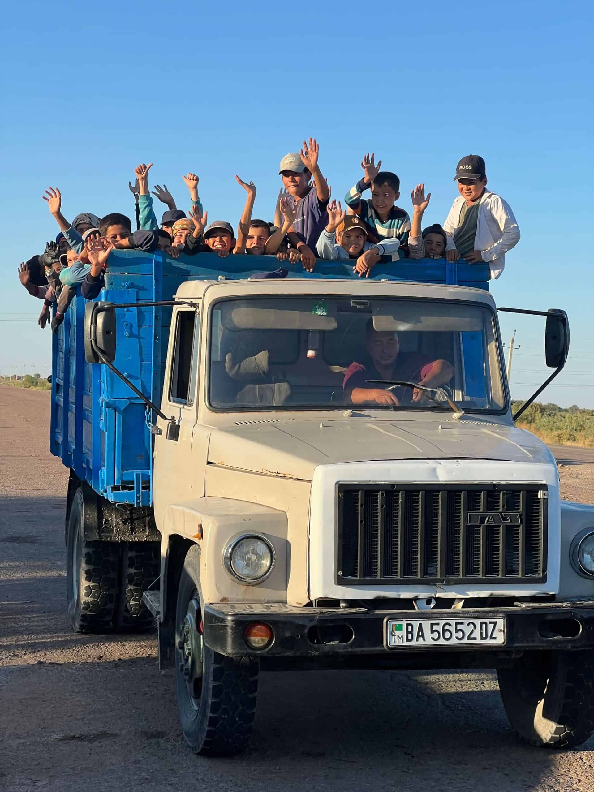 A truck packed with Turkmen kids 